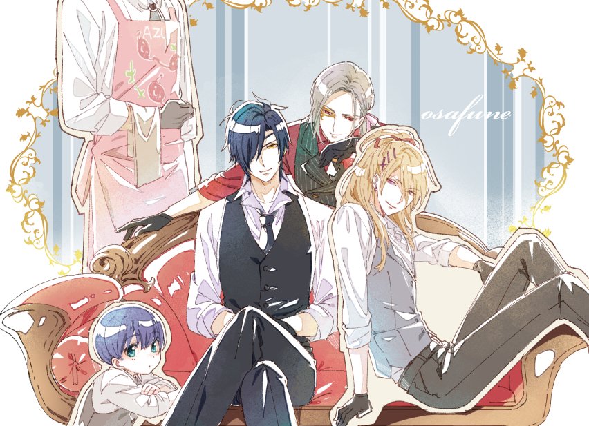 10s, 5boys, apron, arm_support, azuki_nagamitsu_(touken_ranbu), black_neckwear, blue_eyes, couch, crossed_legs, daihannya_nagamitsu_(touken_ranbu), dress_shirt, formal_clothes, grey_hair, hair_ornament, hair_over_one_eye, hair_ribbon, hairclip, half_updo, hands_on_lap, head_out_of_frame, kenshin_kagemitsu, kouryuu_kagemitsu, long_hair, long_sleeves, looking_at_viewer, male_focus, multiple_boys, necktie, red_shirt, ribbon, shirt, shokudaikiri_mitsutada, shuri_(84k), smile, smirk, sword_school_reunion_(touken_ranbu), touken_ranbu, vest, waistcoat