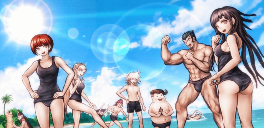 5boys, 5girls, :d, ;d, arms_up, ass, beach, black_hair, black_scarf, black_one-piece_swimsuit, blonde_hair, blue_sky, breasts, brown_eyes, brown_hair, cleavage, clenched_teeth, cloud, danganronpa_(series), danganronpa_2:_goodbye_despair, day, floating_hair, game_cg, green_eyes, grin, hamster, hanamura_teruteru, hand_on_own_hip, hands_on_own_hips, highres, koizumi_mahiru, komaeda_nagito, komatsuzaki_rui, lens_flare, long_hair, looking_at_viewer, medium_breasts, mioda_ibuki, mole, mole_under_eye, multiple_boys, multiple_girls, muscular, navel, nidai_nekomaru, ocean, official_art, one-piece_swimsuit, one_eye_closed, open_mouth, outdoors, pekoyama_peko, red_hair, running, scarf, school_swimsuit, short_hair, sideboob, silver_hair, sky, smile, sonia_nevermind, soda_kazuichi, stance, sun, swimming, swimsuit, tanaka_gundham, teeth, tsumiki_mikan, very_long_hair, very_short_hair