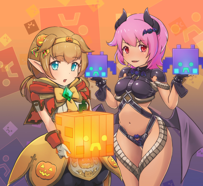 2girls, blue_eyes, blush, brown_hair, demon_horns, demon_wings, felice_qaddaf, halloween