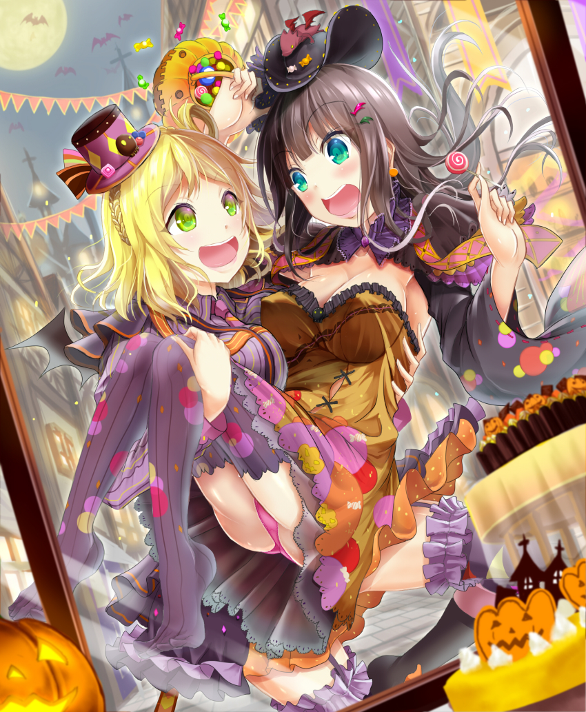 2girls, :d, bat_(animal), bat_wings, black_hair, blonde_hair, blush, braid