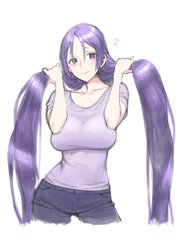 1girl, alternate_costume, breasts, denim, fate/grand_order, fate_(series), female_focus, holding, holding_own_hair, jeans, long_hair, looking_at_viewer, minamoto_no_raikou_(fate), musical_note, nakuta, pants, parted_bangs, purple_eyes, purple_hair, shirt, simple_background, smile, solo, t-shirt, twintails, very_long_hair, white_background