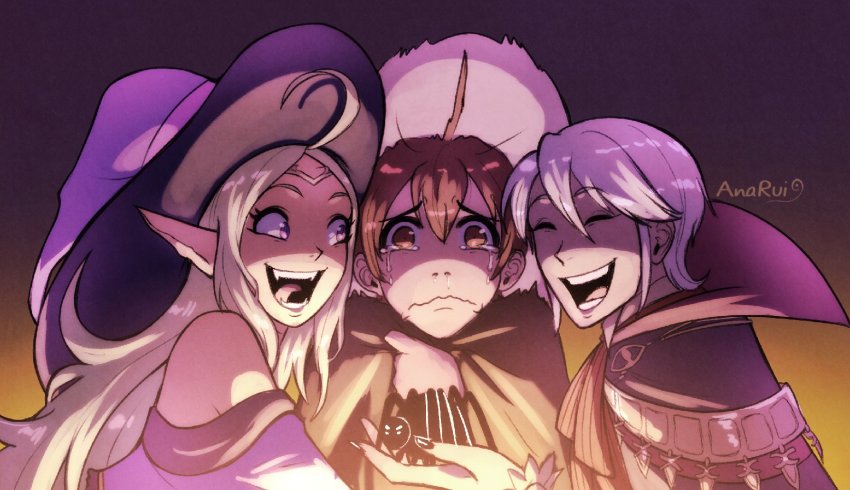 1girl, 2boys, ahoge, blush, cape, closed_eyes, fire_emblem, fire_emblem_awakening