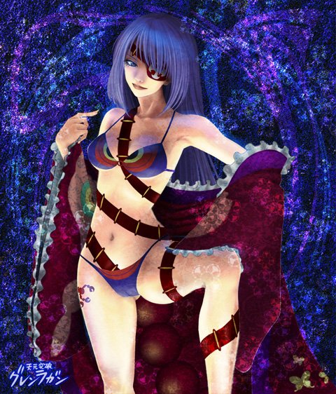 00s, 1girl, adiane, bikini, blue_hair, breasts, eyepatch, female_focus