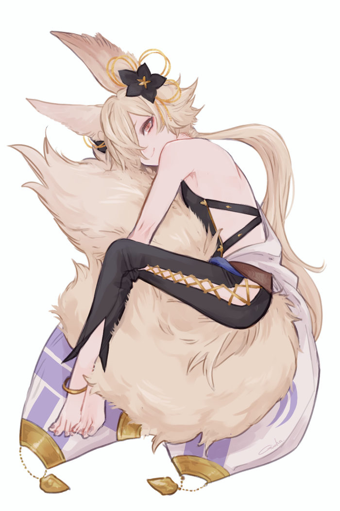 1boy, animal_ears, anklet, backless_outfit, barefoot, blonde_hair, erune, fox_ears, granblue_fantasy, gucha_(netsu), hair_ornament, hugging_own_tail, hugging_tail, jewelry, kou_(granblue_fantasy), large_tail, long_hair, looking_at_viewer, male_focus, off_shoulder, red_eyes, sitting, smile, tail