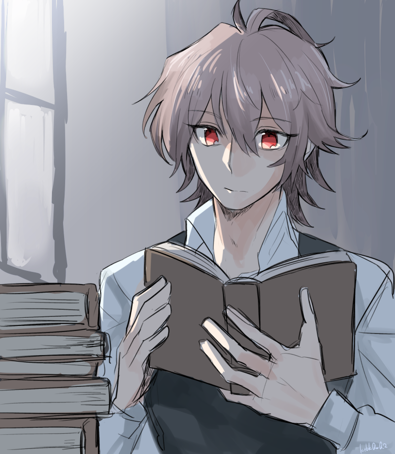 1boy, ahoge, book, book_stack, fate/apocrypha, fate_(series), holding, holding_book