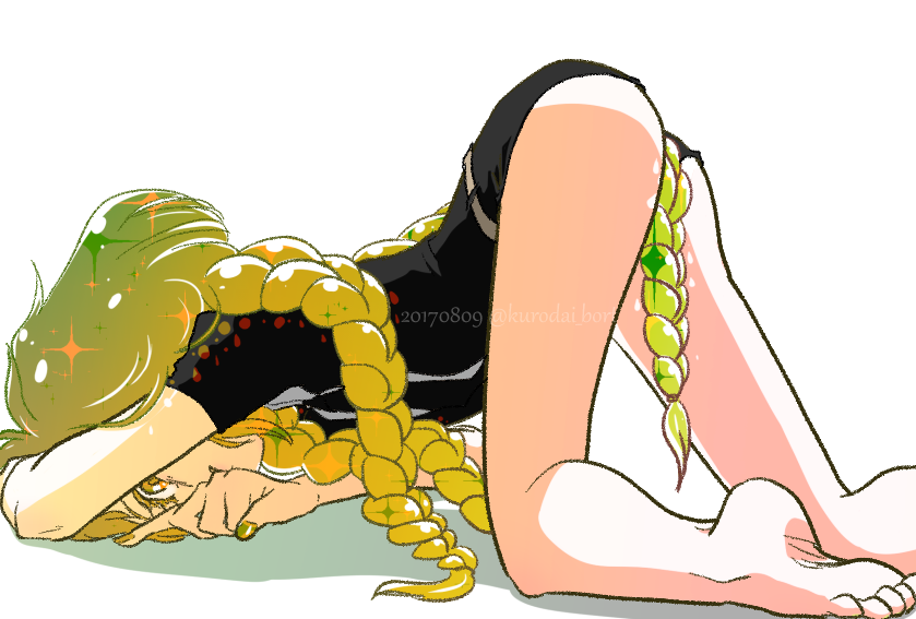 androgynous, ass, barefoot, black_shorts, blonde_hair, dated, feet, gender_request, houseki_no_kuni, kurodai, long_hair, looking_at_viewer, looking_back, nail_polish, other_focus, shorts, simple_background, soles, solo, sparkle, sphene_(houseki_no_kuni), toes, top-down_bottom-up, uniform, watermark, white_background, yellow_eyes, yellow_nails