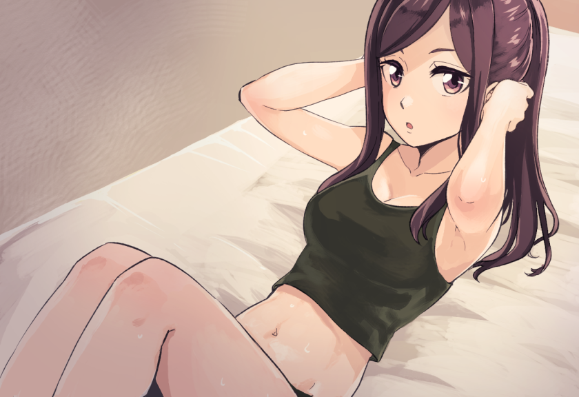 1girl, :o, alternate_hairstyle, armpits, bad_id, bad_pixiv_id, breasts, brown_eyes, brown_hair, cleavage, collarbone, dorothy_(princess_principal), exercising, female_focus, hands_on_own_head, long_hair, looking_at_viewer, medium_breasts, midriff, navel, niina_ryou, open_mouth, ponytail, princess_principal, sidelocks, sit-up, sit-ups, solo, sweat, tank_top