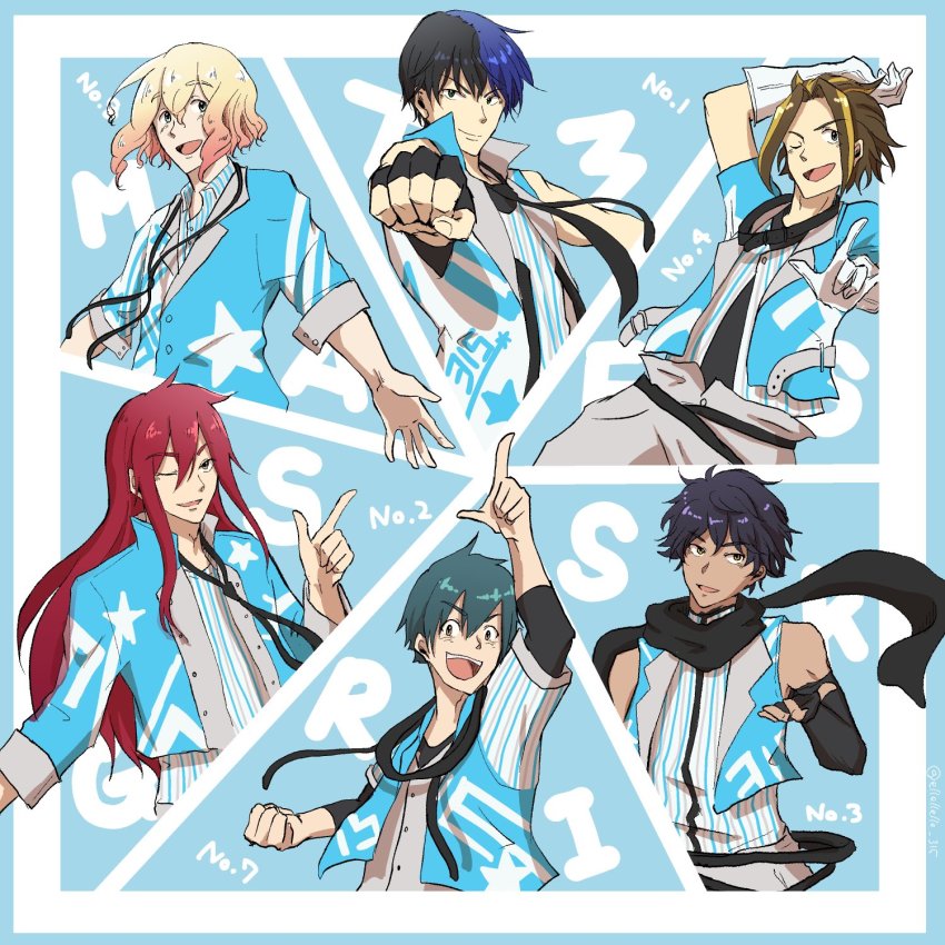 10s, 6+boys, album_cover, alternate_universe, andou_mario, blonde_hair, blue_border, blue_theme, border, cover, dark-skinned_male, dark_skin, fingerless_gloves, gloves, highres, idol, idolmaster, idolmaster_side-m, igari_leo, kazama_shinobu, long_hair, looking_at_viewer, male_focus, mimasaka_takeshi, multicolored_hair, multiple_boys, necktie, pointing, pointing_up, red_hair, sanjo_goro, shiraishi_eru, smile, streaked_hair, ttk_hotta, two-tone_hair