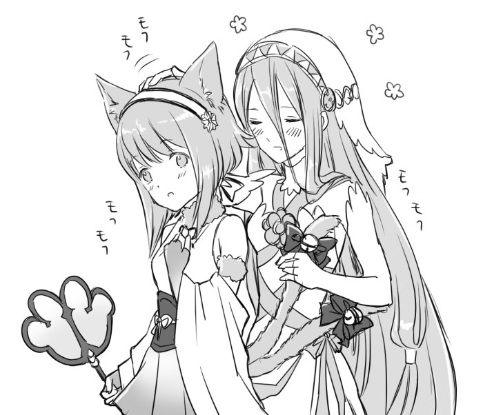 2girls, animal_ears, azura_(fire_emblem), blush, cat_ears, fire_emblem, fire_emblem_fates, fire_emblem_heroes, greyscale, halloween, japanese_clothes, kimono, long_hair, monochrome, multiple_girls, nekomata, nintendo, sakura_(fire_emblem), short_hair, smile, translation_request, wand, yoneko