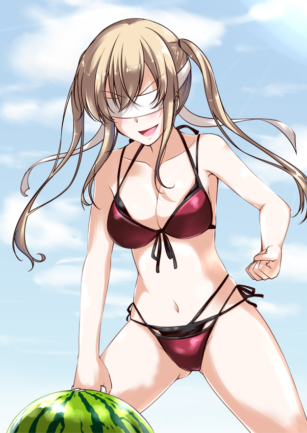 >:d, 1girl, :d, bare_arms, bare_shoulders, bikini, black_ribbon, blindfold, blonde_hair, blue_sky, blush, breasts, cleavage, clenched_hand, clenched_hands, collarbone, culture_shock, day, female_focus, food, front-tie_bikini_top, front-tie_top, fruit, gluteal_fold, graf_zeppelin_(kancolle), kantai_collection, layered_bikini, legs_together, long_hair, medium_breasts, mikage_takashi, navel, open_mouth, outdoors, red_bikini, ribbon, side-tie_bikini_bottom, sidelocks, sky, smile, solo, standing, stomach, suikawari, swimsuit, twintails, v-shaped_eyebrows, watermelon