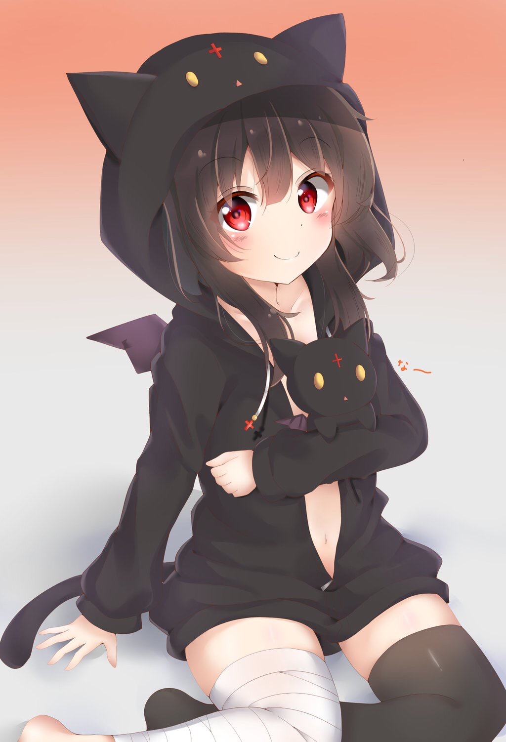 1girl, animal_costume, animal_hood, asymmetrical_legwear, bad_id, bad_pixiv_id, bandaged_leg, bandages, barefoot, black_cat, black_thighhighs, blush, brown_hair, cat, cat_hood, cat_tail, chomusuke, closed_mouth, collarbone, demon_wings, gradient_background, hair_between_eyes, highres, hood, hoodie, kono_subarashii_sekai_ni_shukufuku_wo!, long_sleeves, looking_at_viewer, megumin, mismatched_legwear, miyu19996513, naked_hoodie, navel, red_eyes, short_hair_with_long_locks, sitting, smile, tail, thighhighs, unzipped, wings