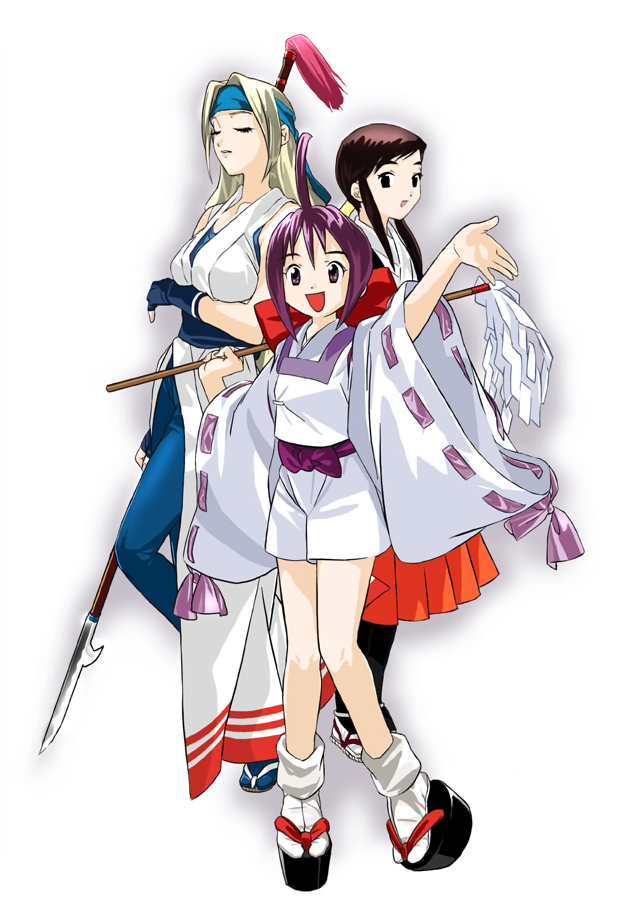 ahoge, bakumatsu_rouman, holding, holding_polearm, holding_spear, holding_weapon, ichijou_akari, official_art, onmyouji, pantyhose, polearm, senno_aki, snk, spear, tabi, takane_hibiki, weapon, yuki_(last_blade)