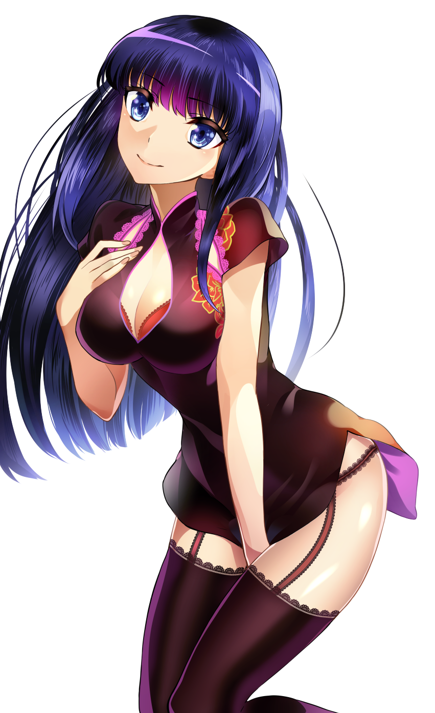 1girl, bad_id, bad_pixiv_id, black_hair, black_neckwear, blue_eyes, blush, bra, breasts, china_dress, chinese_clothes, cleavage, dress, female_focus, garter_straps, highres, long_hair, looking_at_viewer, mahouka_koukou_no_rettousei, manatsu_natsuka, medium_breasts, red_bra, shiba_miyuki, simple_background, smile, solo, thighhighs, underwear, white_background