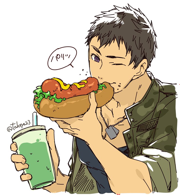 10s, 1boy, ;d, bad_id, bad_twitter_id, brown_hair, food, holding