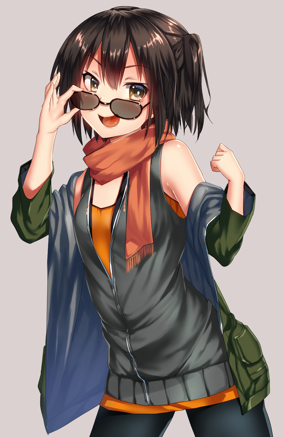 >:d, 1girl, :d, adjusting_eyewear, adjusting_glasses, black_pantyhose, brown_eyes, brown_hair, female_focus, green_jacket, grey_background, highres, jacket, kantai_collection, keita_(tundereyuina), long_sleeves, looking_over_eyewear, looking_over_glasses, official_alternate_costume, open_clothes, open_jacket, open_mouth, orange_scarf, pantyhose, scarf, sendai_(autumn)_(kancolle), sendai_(kancolle), short_hair, simple_background, smile, solo, sunglasses, tinted_eyewear, two_side_up, v-shaped_eyebrows