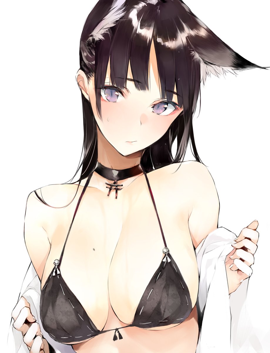 1girl, animal_ears, bare_shoulders, bikini, black_bikini, black_hair, blunt_bangs, breasts