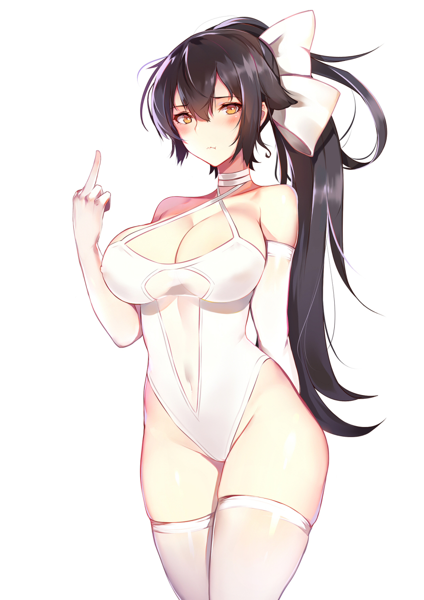 1girl, azur_lane, ban_bu_bu_duou, black_hair, blush, breasts, cleavage, closed_mouth, covered_navel, cowboy_shot, elbow_gloves, female_focus, gloves, hair_flaps, hair_ribbon, highres, large_breasts, long_hair, looking_at_viewer, middle_finger, one-piece_swimsuit, ponytail, pout, ribbon, simple_background, solo, standing, swimsuit, takao_(azur_lane), takao_(beach_rhapsody)_(azur_lane), thighhighs, very_long_hair, white_background, white_gloves, white_one-piece_swimsuit, white_ribbon, white_thighhighs, yellow_eyes