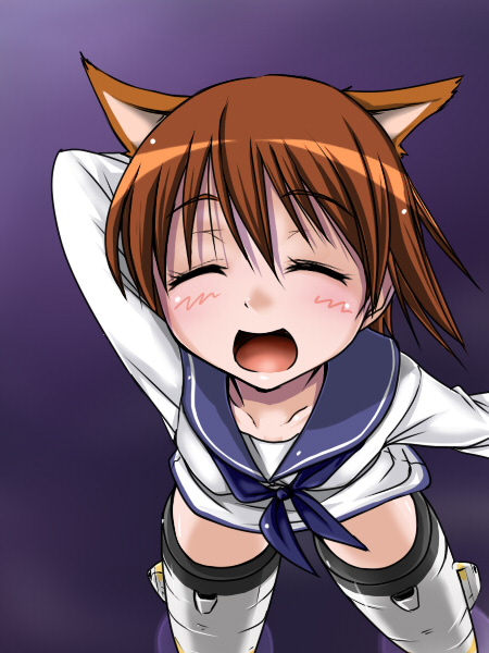 00s, 1girl, animal_ears, blush, brown_hair, closed_eyes, female_focus, mecha_musume