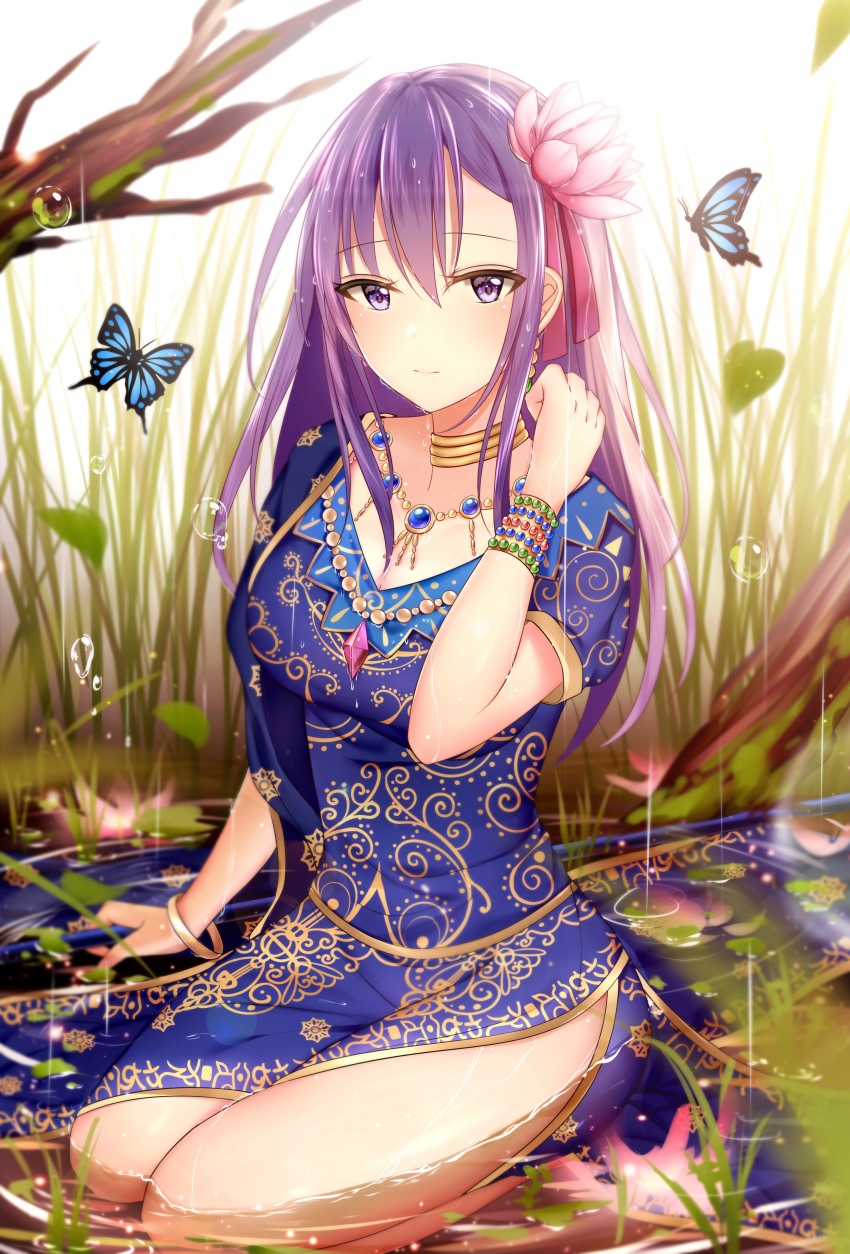 1girl, absurdres, asian_indian_clothes, blurry, breasts, bug, butterfly, depth_of_field