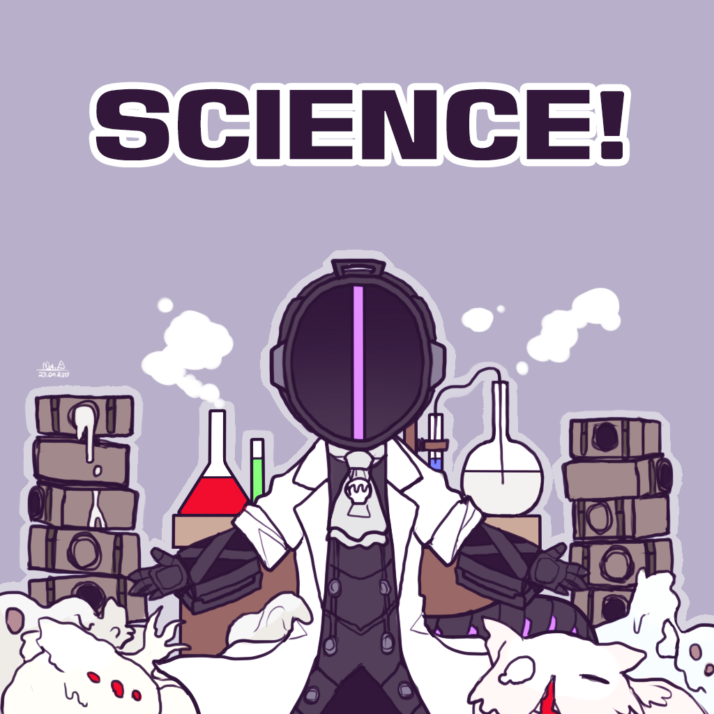 1boy, armor, ascot, blue_background, bondrewd, commentary, creature, dated, english_text, erlenmeyer_flask, facing_viewer, flask, gloves, helmet, lab_coat, made_in_abyss, male_focus, mayko, mitty_(made_in_abyss), outstretched_arms, round-bottom_flask, science, signature, simple_background, spoilers, spread_arms, standing, subarashii_pose, vial, whistle, white_ascot