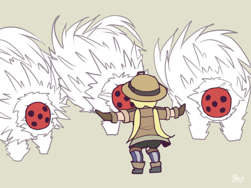 1girl, blonde_hair, brown_gloves, bucket_hat, commentary, dated, facing_away, from_behind, gloves, grey_background, hat, highres, jacket, low_twintails, made_in_abyss, mayko, meme, prattkeeping_(meme), riko_(made_in_abyss), signature, simple_background, standing, tamaugachi, twintails