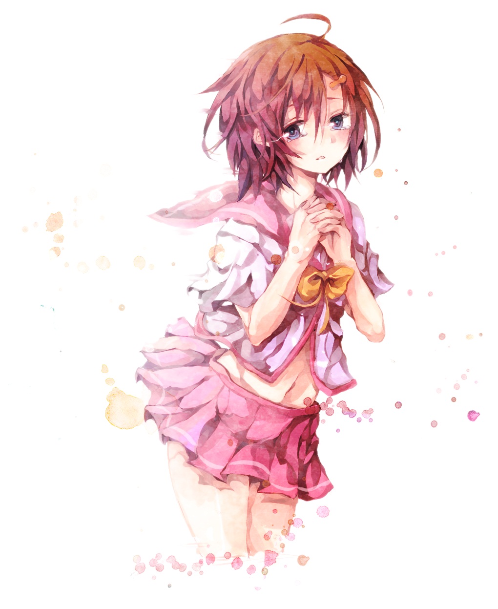 1girl, blue_eyes, brown_hair, death, dissolving, female_focus, hair_ornament, hairclip