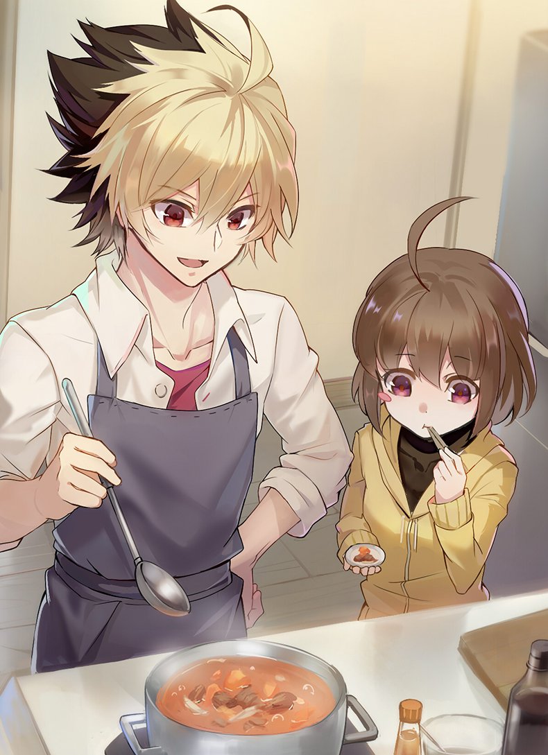 1boy, 1girl, ahoge, apron, black_hair, blonde_hair, blush_stickers, bowl