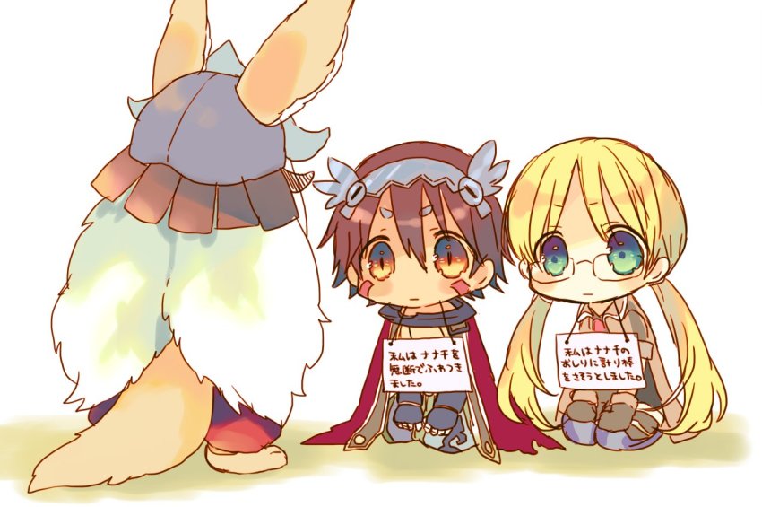 1boy, 2girls, :|, animal_ears, bad_id, bad_twitter_id, blonde_hair, blue_eyes