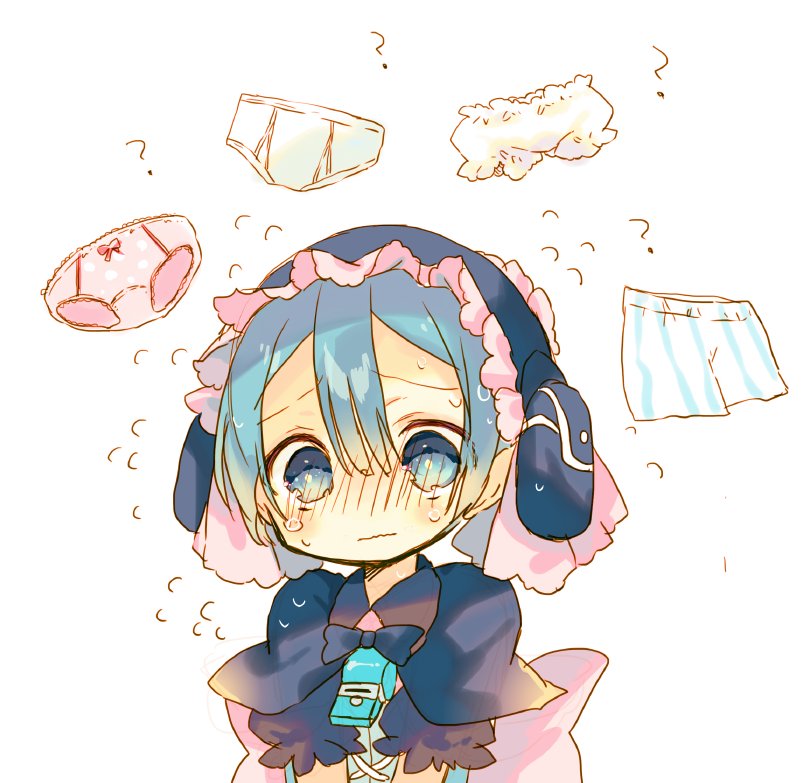 1boy, ?, bad_id, bad_twitter_id, bloomers, blue_eyes, blue_hair, blush, capelet, commentary, crossdressing, crossdressing_(mtf), embarrassed, flying_sweatdrops, full-face_blush, hair_between_eyes, headdress, looking_at_viewer, made_in_abyss, maid, male_focus, male_maid, maruruk, nekotorina, panties, puffy_short_sleeves, puffy_sleeves, short_hair, short_sleeves, simple_background, solo, tears, trap, underwear, upper_body, wavy_mouth, whistle, white_background, white_bloomers