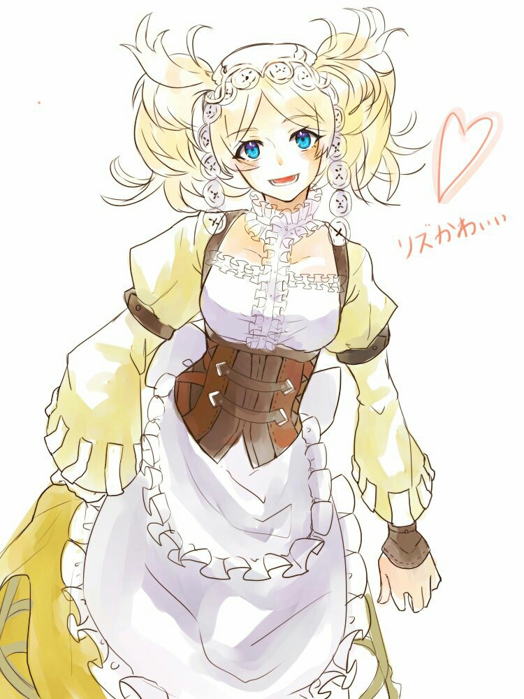 1girl, apron, blonde_hair, blue_eyes, breasts, corset, cowboy_shot, dress