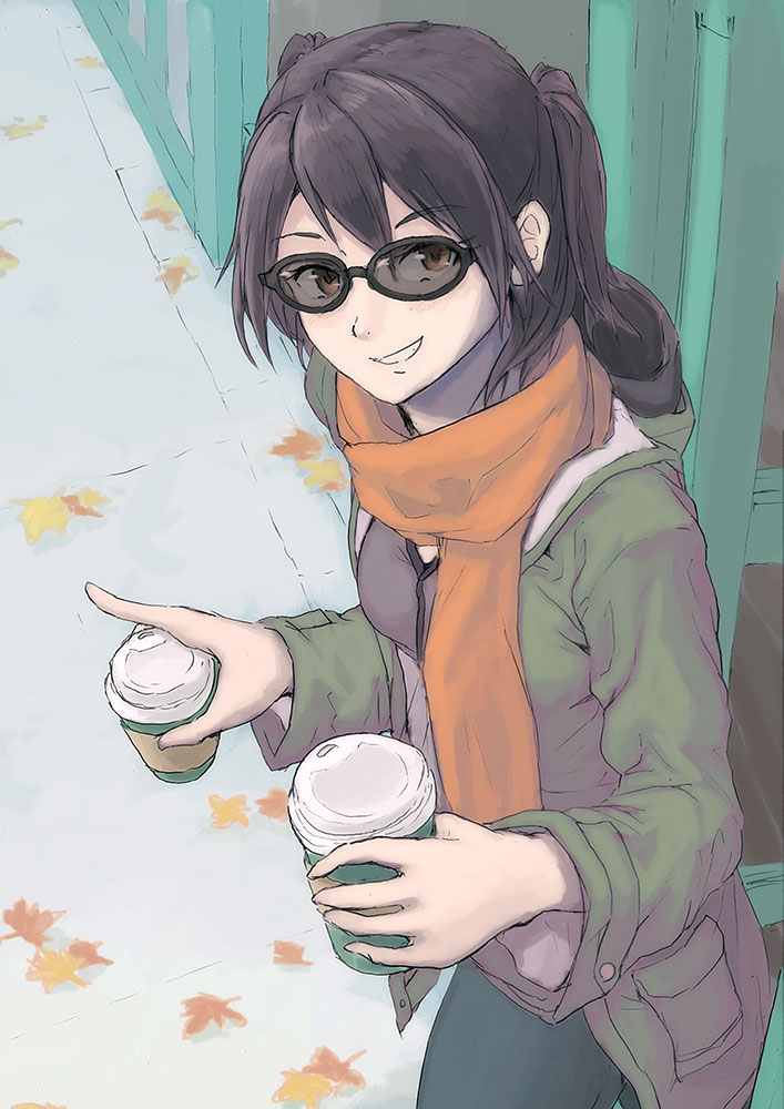 1girl, brown_eyes, brown_hair, commentary, cowboy_shot, cup, female_focus, green_jacket