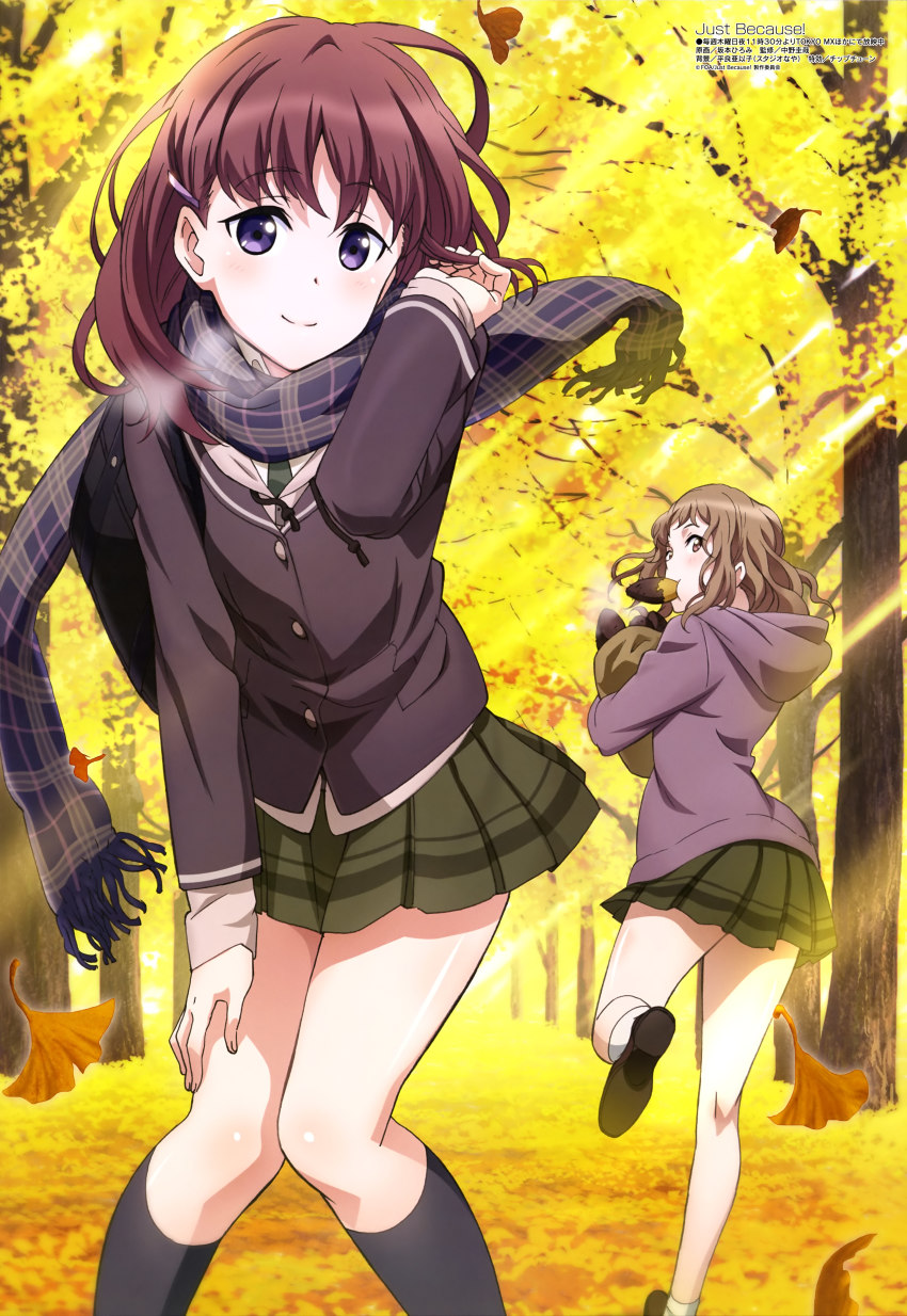 2girls, absurdres, autumn, autumn_leaves, bag, blush, breath, brown_eyes