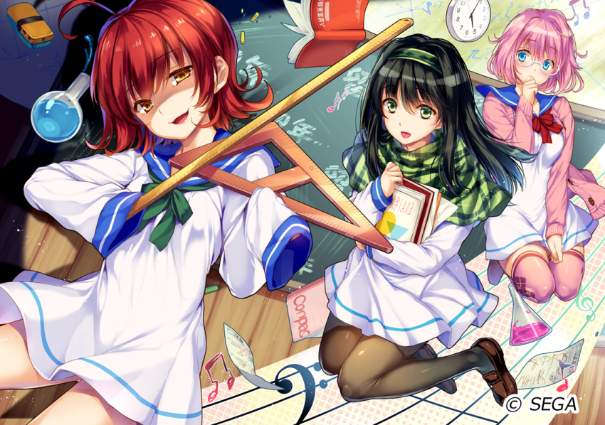 3girls, :d, ahoge, black_hair, black_legwear, blue_eyes, book, breast_hold