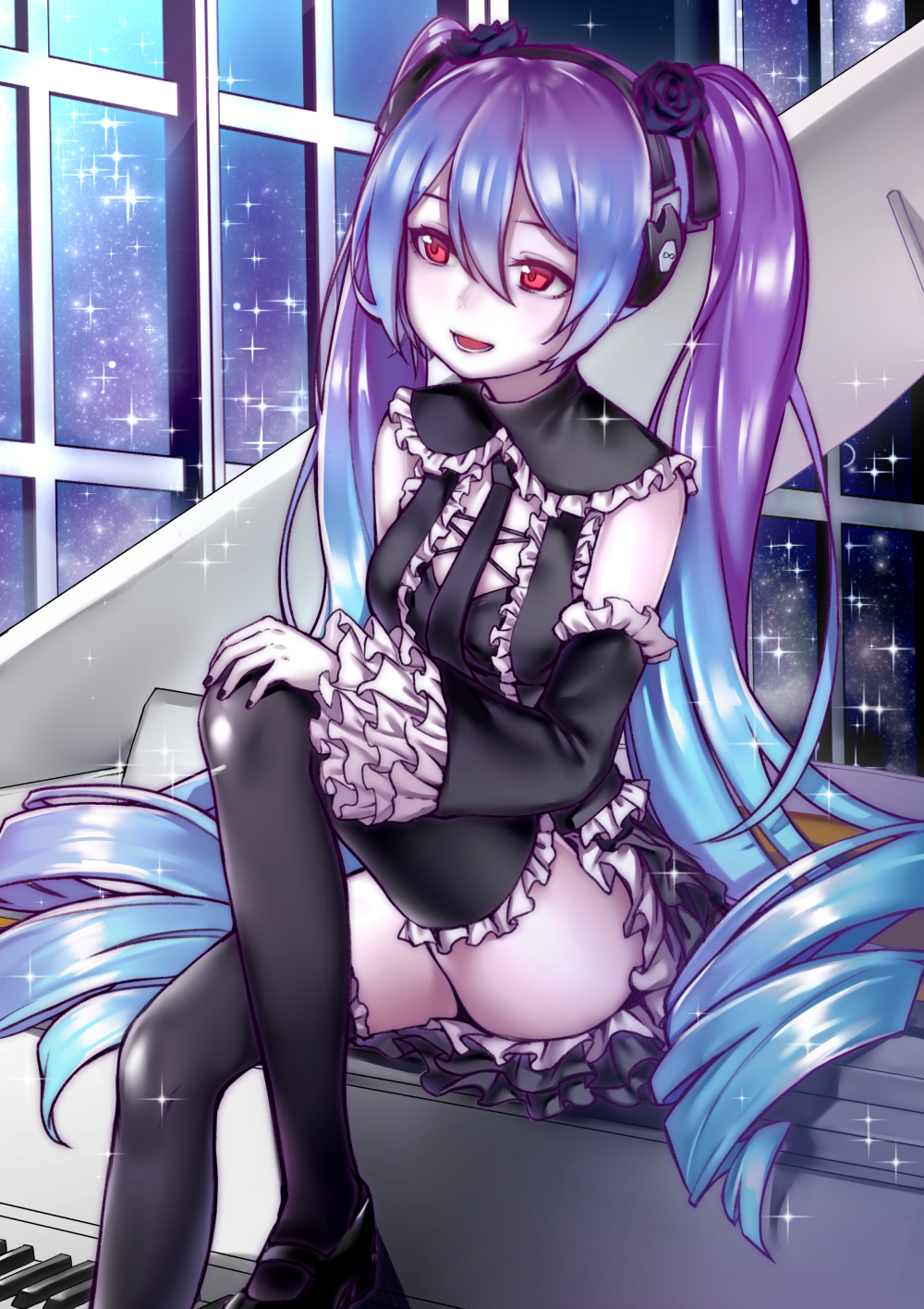 1girl, :d, black_flower, black_hairband, black_nails, black_neckwear, black_shirt, black_shoes