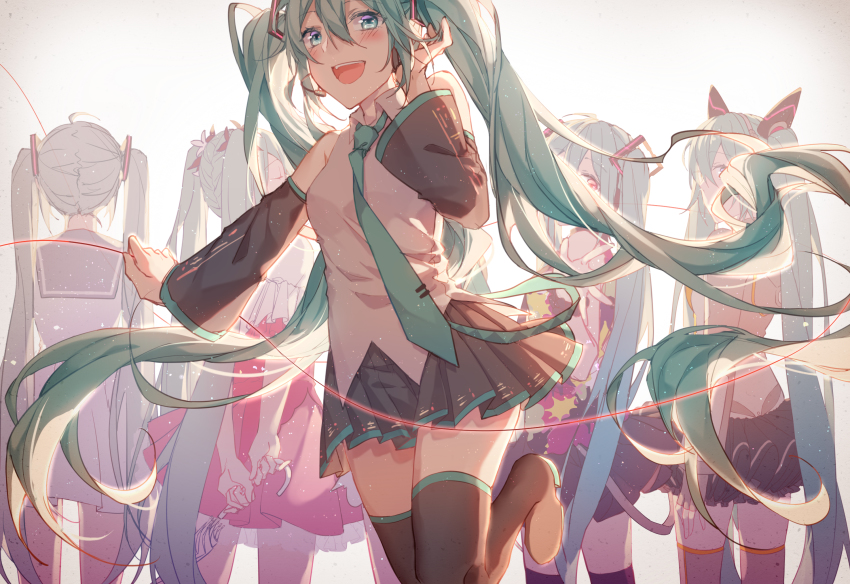 5girls, absurdly_long_hair, aqua_hair, aqua_necktie, arms_behind_back, black_footwear, black_skirt, blue_eyes