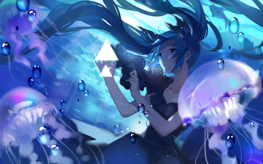 1girl, black_dress, black_ribbon, blue_eyes, blue_hair, bubble, collarbone, dress