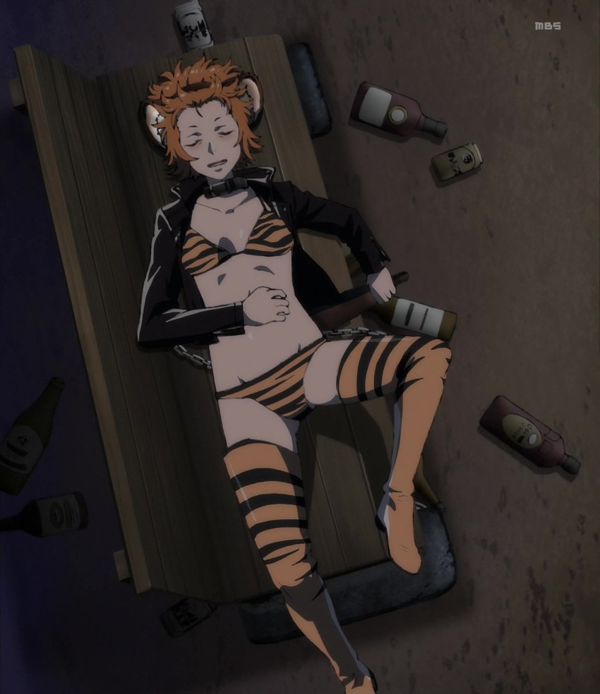 1girl, aira_kanae, animal_costume, animal_ears, animal_print, anime_screenshot, bench, black_jacket