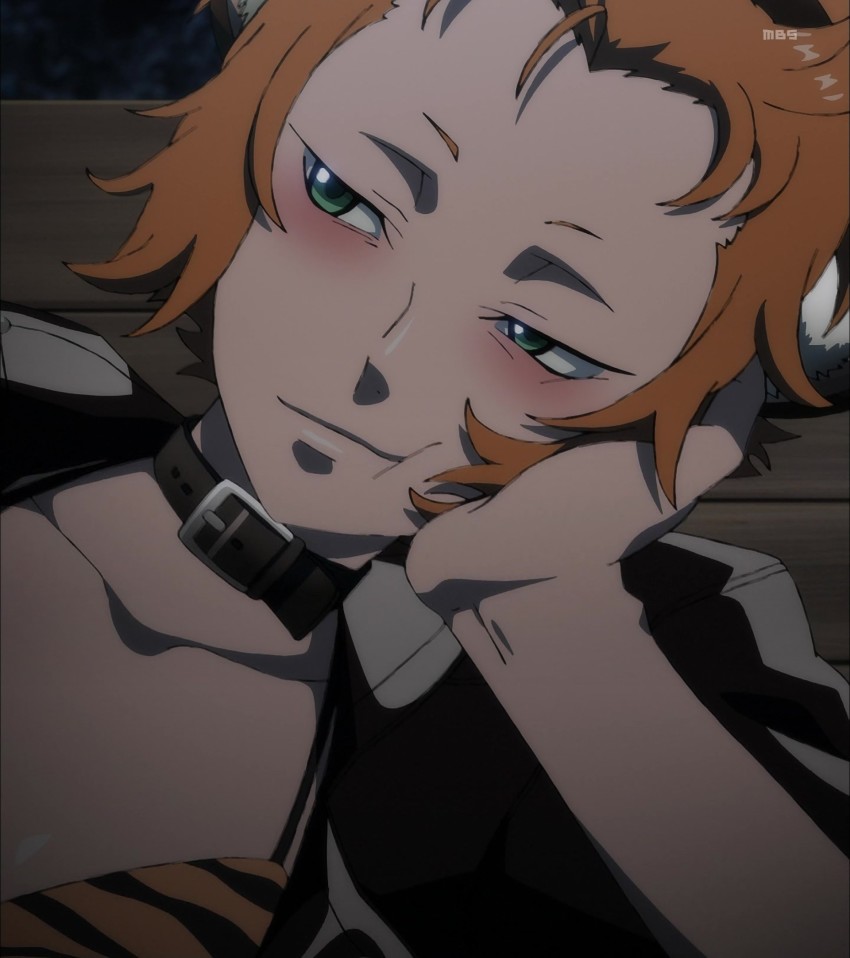 1girl, aira_kanae, animal_costume, animal_ears, animal_print, anime_screenshot, arm_support, bags_under_eyes