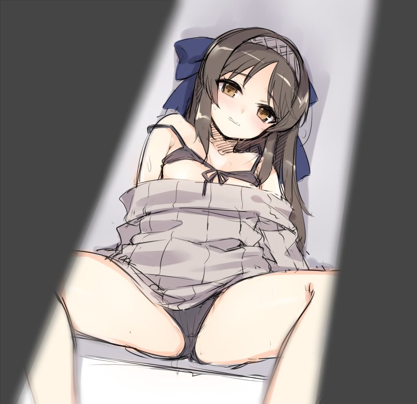 1girl, bad_id, bad_twitter_id, black_bra, black_panties, bra, breasts, brown_eyes, brown_hair, cosplay, dutch_angle, female_focus, front-tie_top, hairband, highres, idolmaster, idolmaster_cinderella_girls, long_hair, off-shoulder, off-shoulder_sweater, off_shoulder, panties, ribbed_sweater, sagisawa_fumika, sagisawa_fumika_(cosplay), sidelocks, small_breasts, solo, strap_slip, sweatdrop, sweater, tachibana_arisu, tama_(tamatamo), underwear