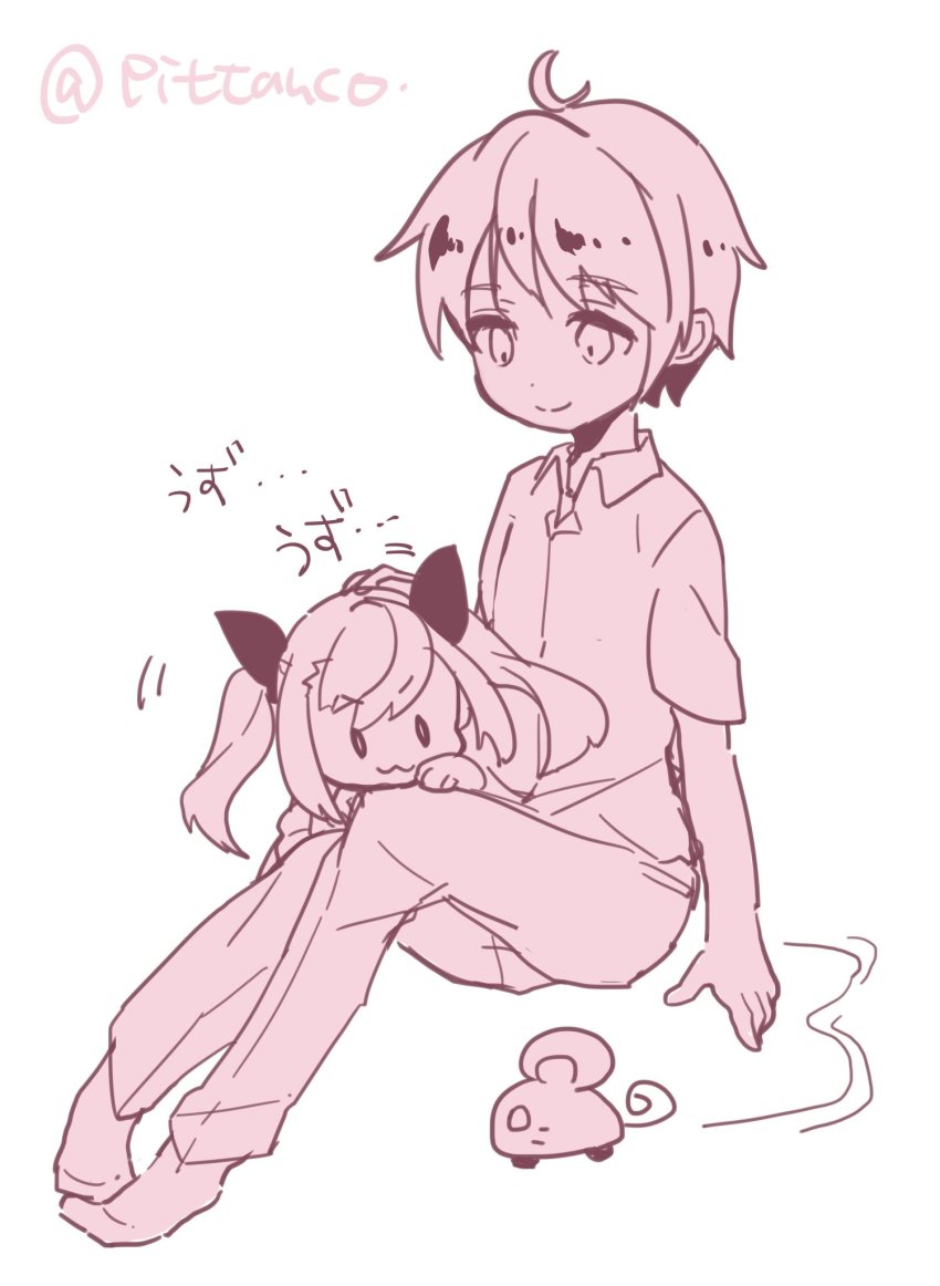 >:3, 1boy, 1girl, :3, chibi, ensemble_girls!, highres, long_hair