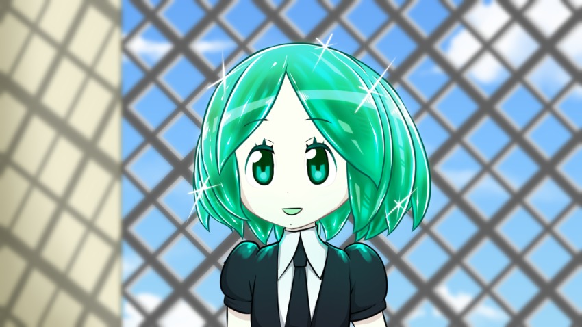 10s, androgynous, black_necktie, blouse, collared_shirt, gender_request, green_eyes, green_hair