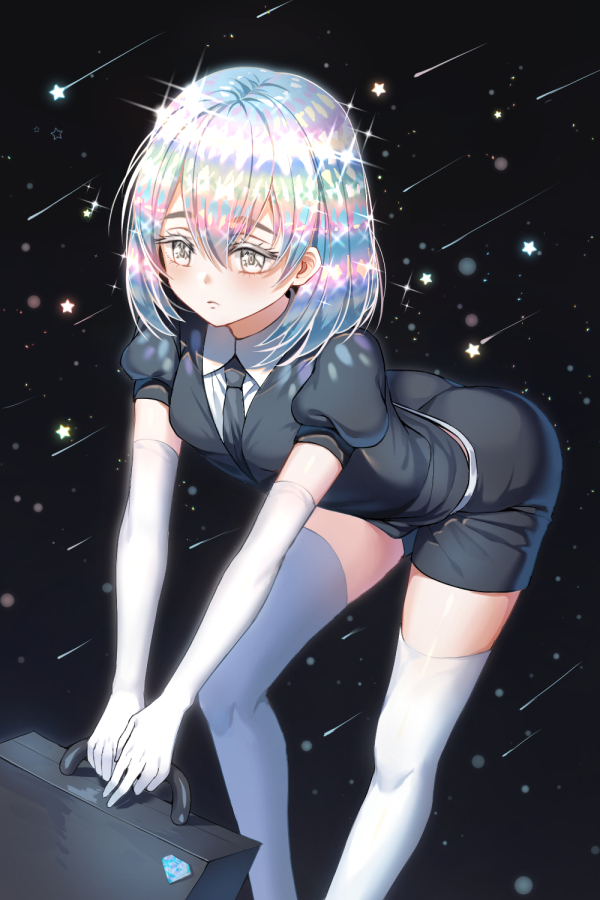 androgynous, blouse, collared_shirt, diamond_(houseki_no_kuni), elbow_gloves, gender_request, gloves, houseki_no_kuni