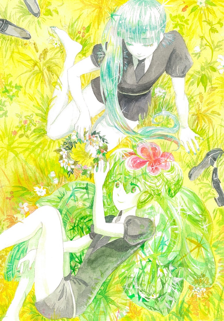 androgynous, barefoot, closed_eyes, gender_request, grass, green_hair, head_wreath, hemimorphite_(houseki_no_kuni)