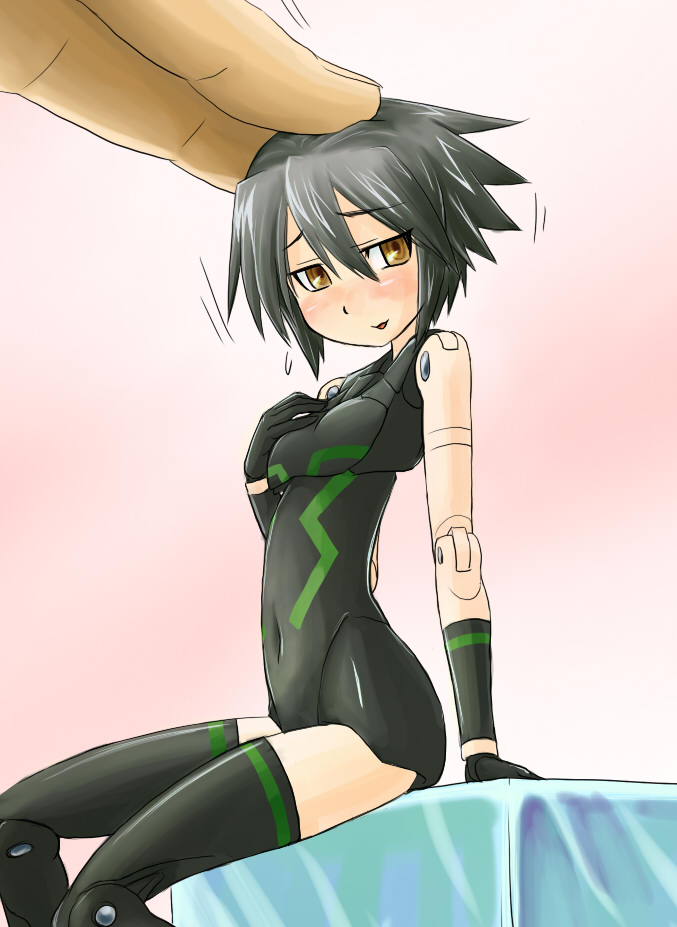 10s, 1girl, :d, arm_support, bare_shoulders, black_gloves, black_hair, black_thighhighs