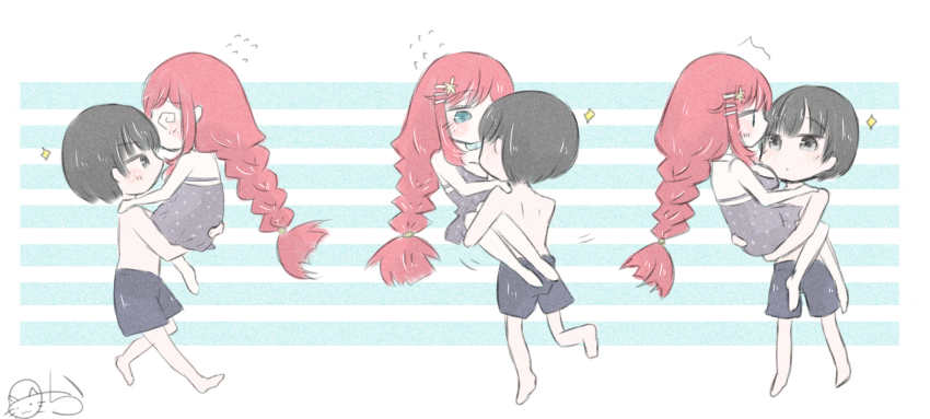 1boy, 1girl, @_@, artist_request, bare_pectorals, black_hair, black_male_swimwear, black_swim_trunks