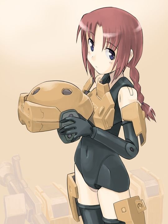 10s, 1girl, armor, bare_shoulders, black_gloves, blue_eyes, blush, braid