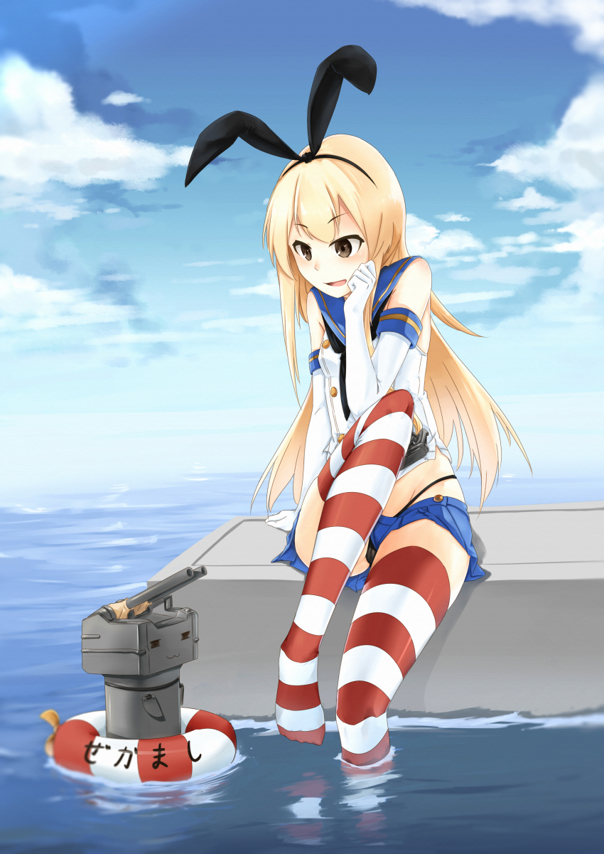 1girl, :3, =_=, absurdres, anchor_hair_ornament, black_panties, black_ribbon, blonde_hair