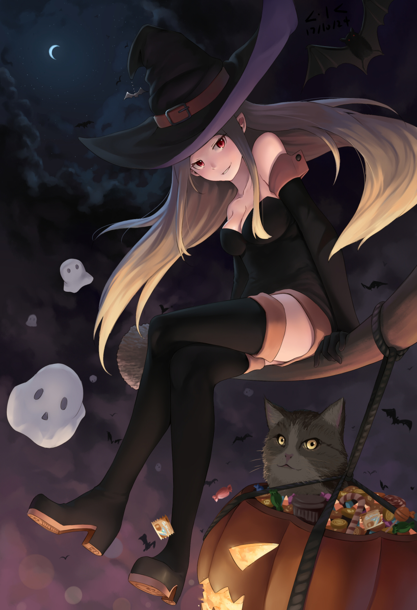 1girl, absurdres, bare_shoulders, bat_(animal), black_dress, black_footwear, black_gloves, blonde_hair