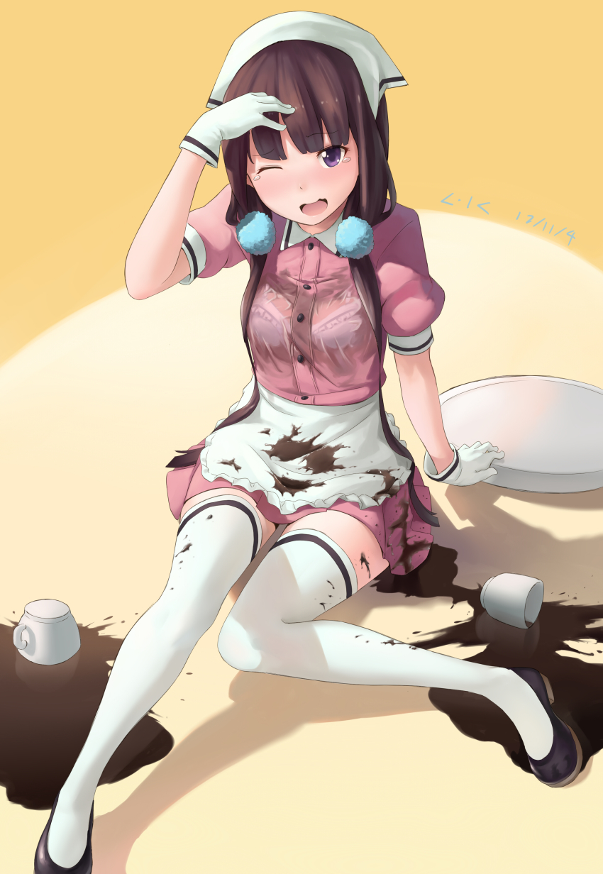 1girl, absurdres, accident, apron, black_shoes, blend_s, blush, bra, brown_hair, coffee, collared_shirt, commentary_request, cup, dated, female_focus, frilled_apron, frills, gloves, hair_between_eyes, hand_on_own_head, head_tilt, headscarf, highres, holding, holding_tray, lkqyan, long_hair, looking_at_viewer, low_twintails, mary_janes, mug, one_eye_closed, open_mouth, pink_shirt, pink_skirt, pom_pom_(clothes), purple_eyes, sakuranomiya_maika, see-through_clothes, shirt, shoes, silhouette, sitting, skirt, solo, spill, tears, thighhighs, tray, twintails, underwear, waist_apron, waitress, wet, wet_clothes, white_apron, white_bra, white_gloves, white_headscarf, white_thighhighs, wing_collar