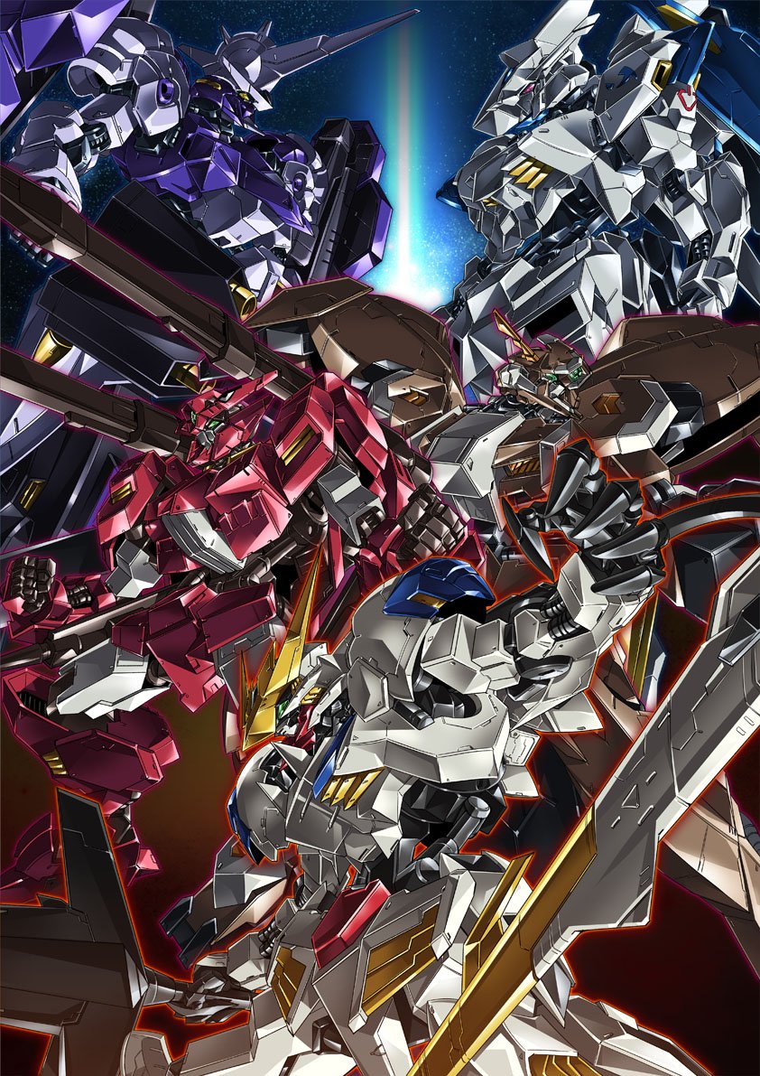 commentary_request, gundam, gundam_bael, gundam_barbatos, gundam_flauros, gundam_gusion_rebake, gundam_kimaris_vidar, gundam_tekketsu_no_orphans, mace, mecha, no_humans, paintedmike, robot, shield, shoulder_cannon, weapon
